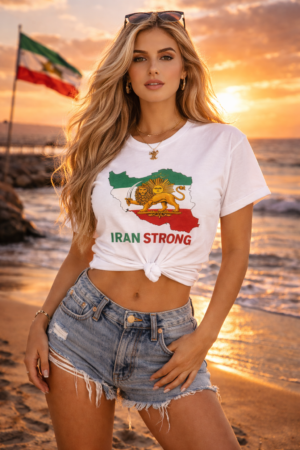 Iran Strong T-Shirt — Persian Flag Map with Lion & Sun Graphic